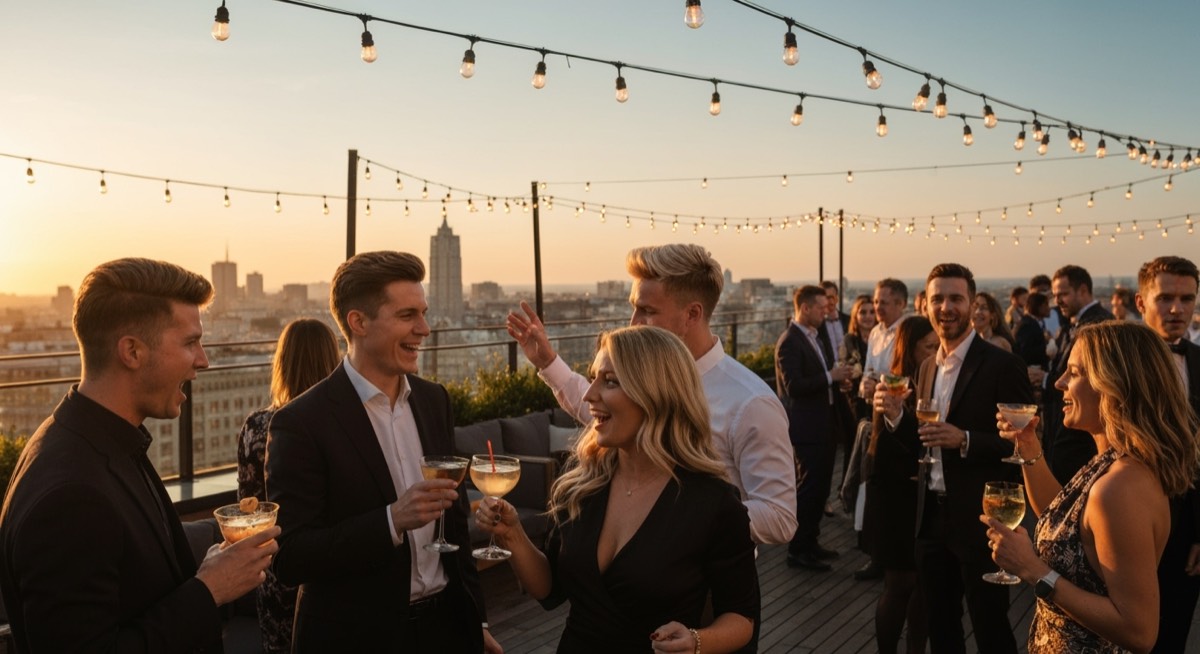 Guests enjoying a private party on a rooftop restaurant terrace at sunset